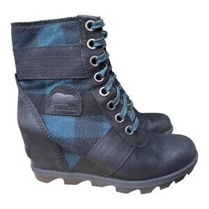 Sorel Joan Of Arctic Lexie Plaid Flannel Wedge Bootie Waterproof Women size 7.5